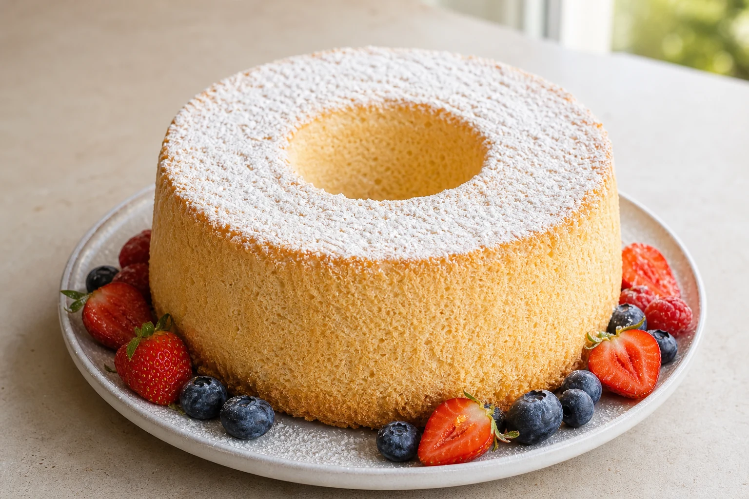 Luftiger heller Biskuitkuchen in Ringform, bestäubt mit Puderzucker