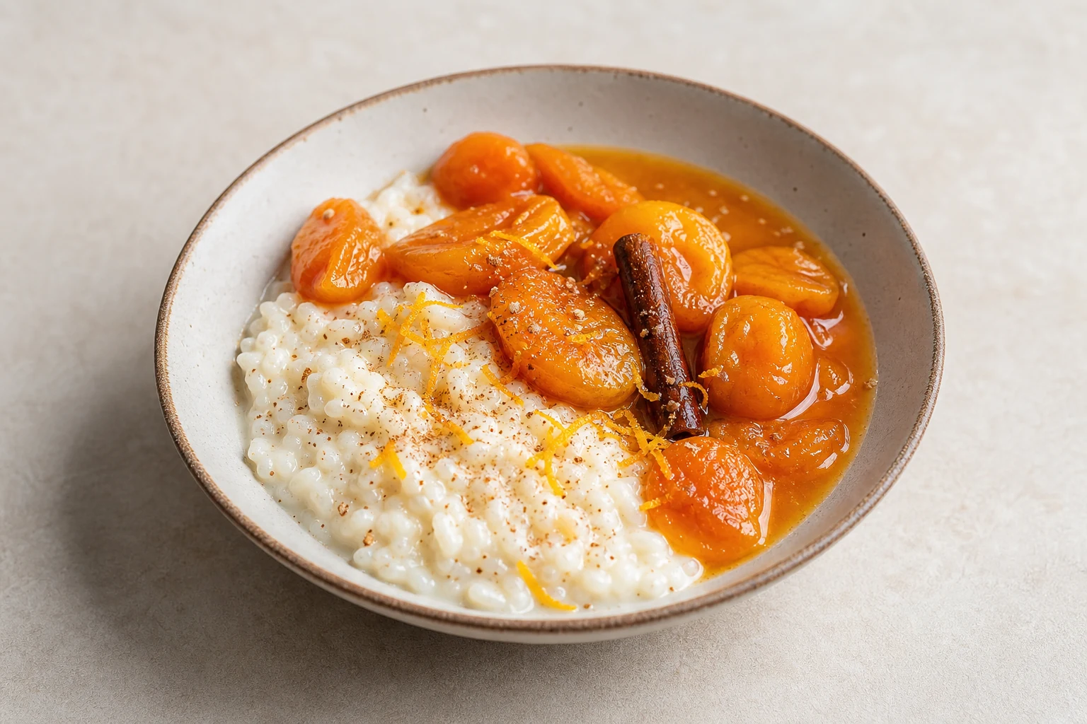Schale mit cremigem Milchreis und geschmorten Aprikosen in Orangensirup