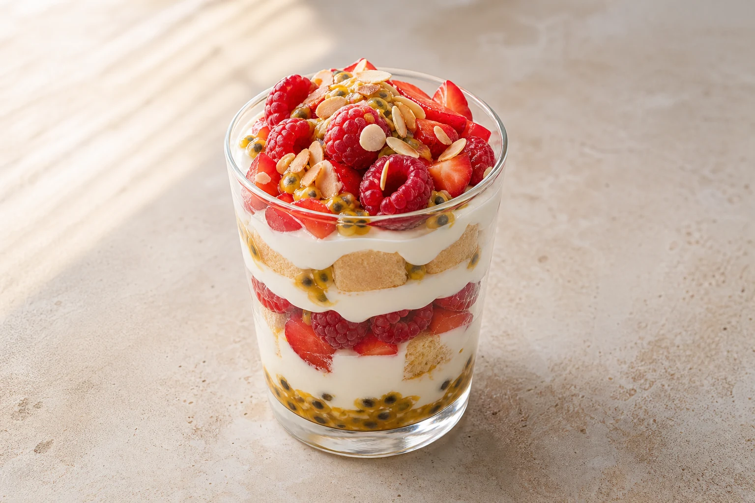 Geschichtetes Joghurt-Parfait mit Beeren und Löffelbiskuit in einem hohen Glas