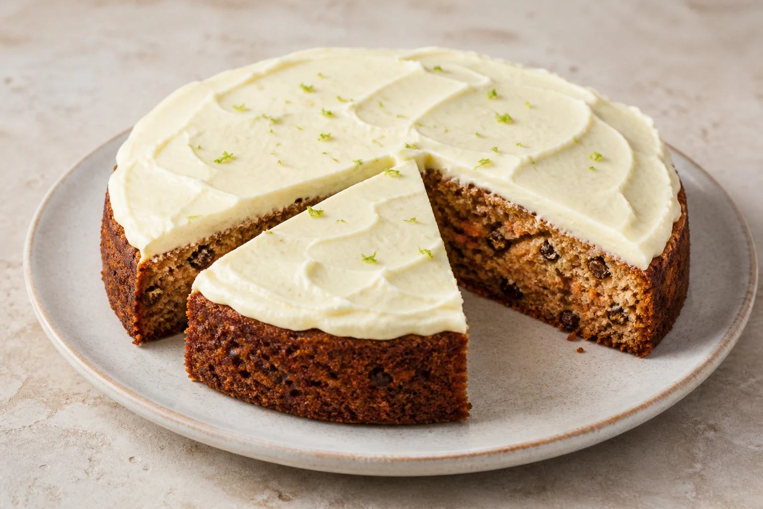 Angeschnittener Möhrenkuchen mit hellem Ricottaguss auf einer Kuchenplatte