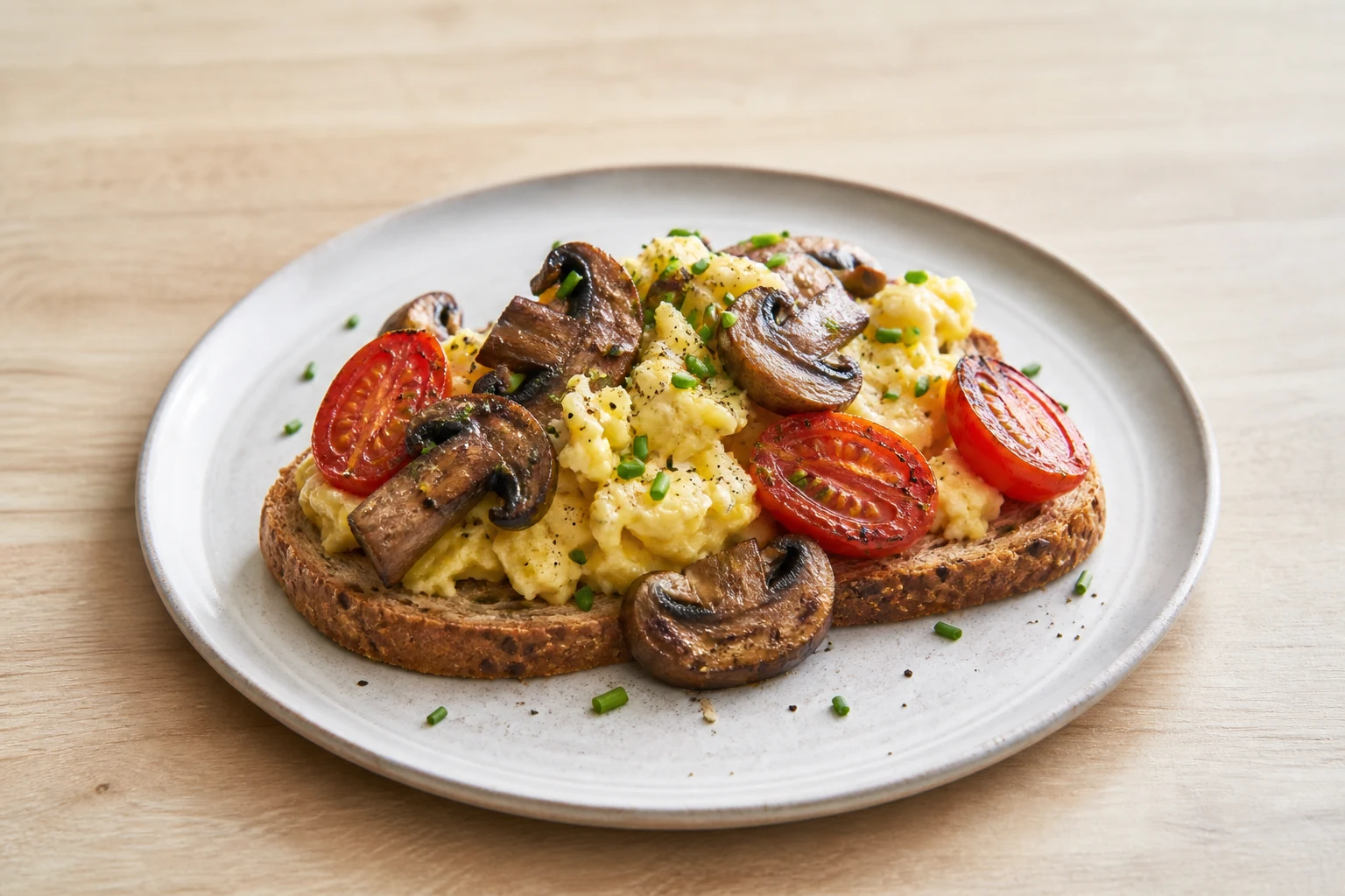 Rührei mit gegrillten Champignons und Tomaten auf Vollkornbrot