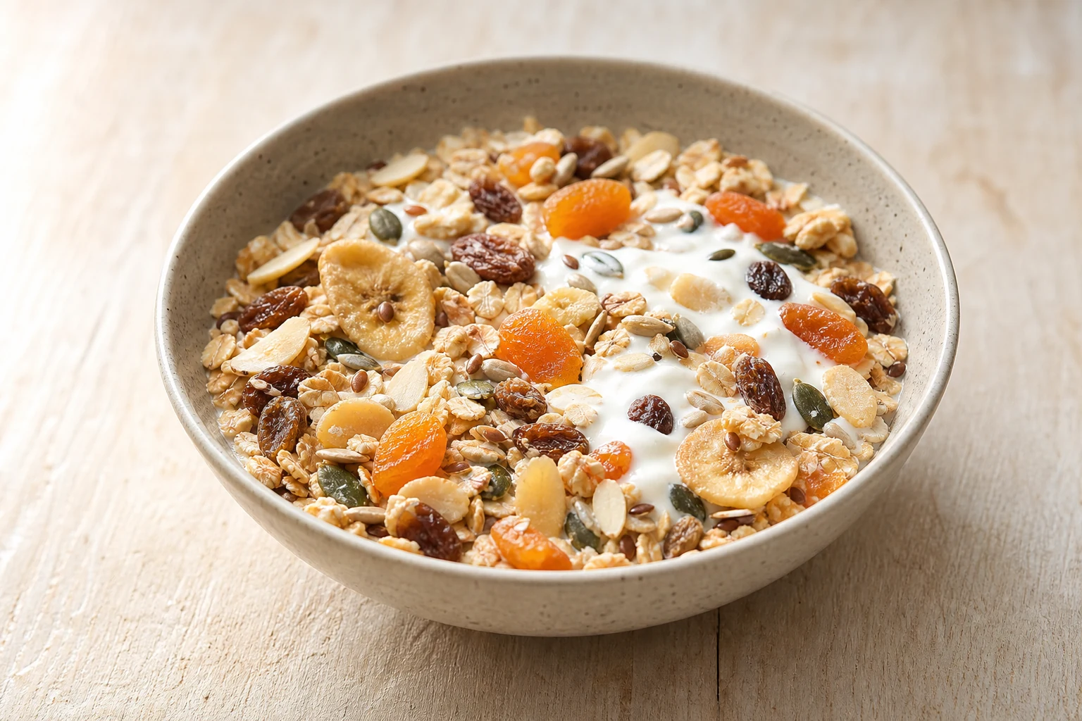 Müsli mit Haferflocken, Kernen, Mandeln und Trockenfrüchten in einer Schale