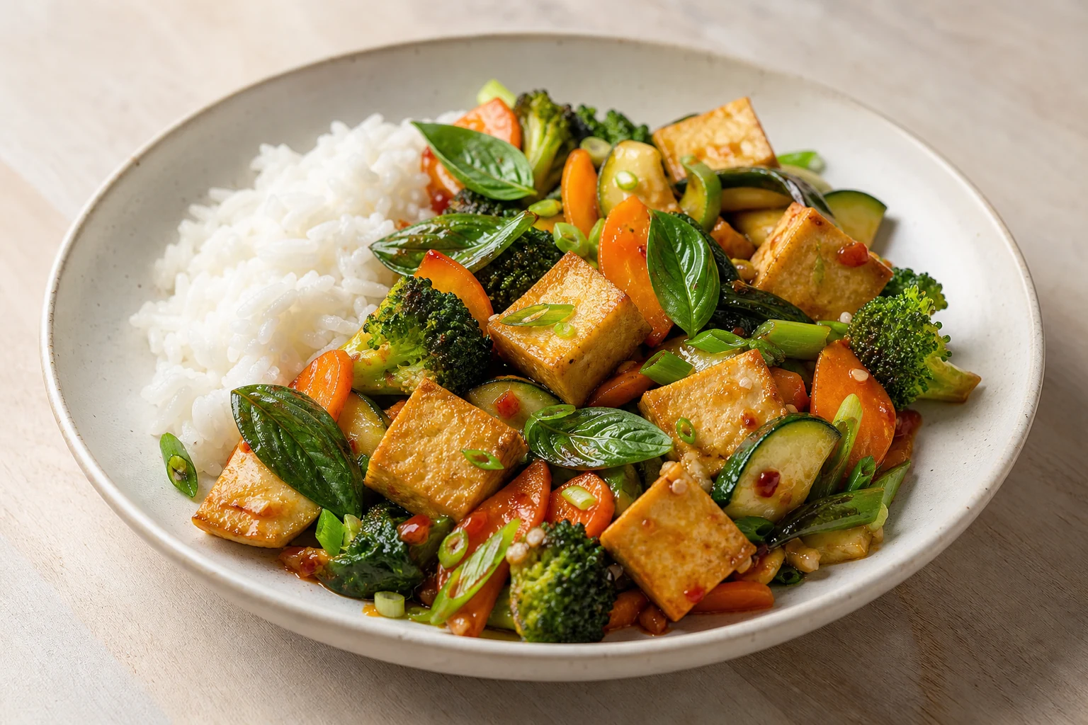 Tofu-Gemüse-Pfanne mit Thai-Basilikum im Wok