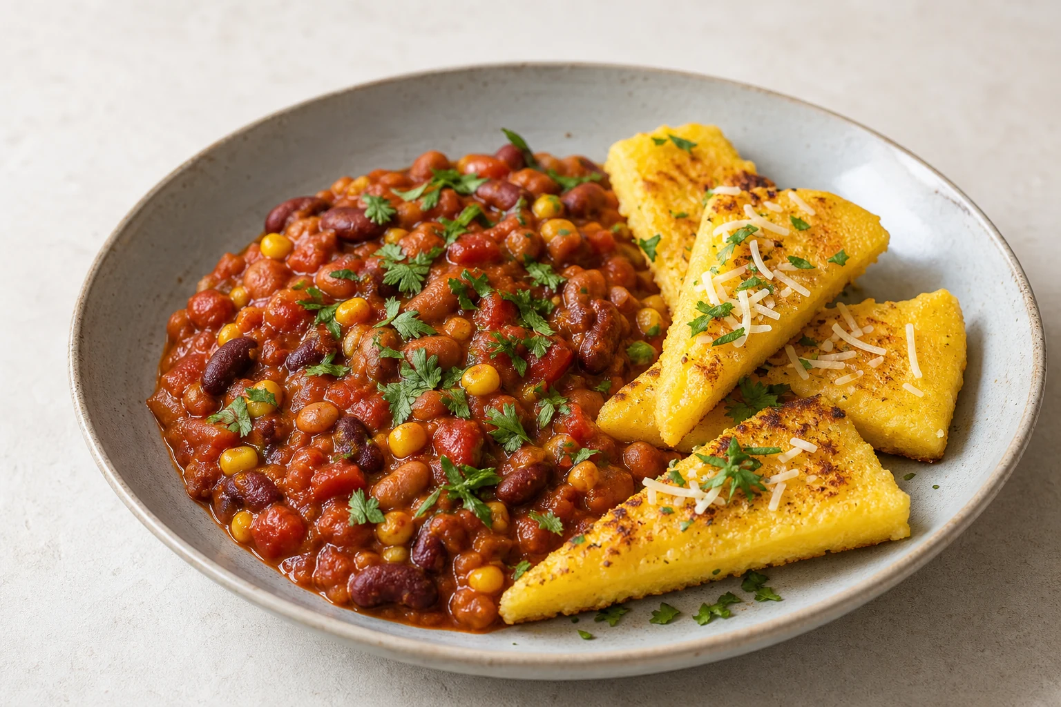 Würzige Chilibohnen mit goldenen Polenta-Ecken