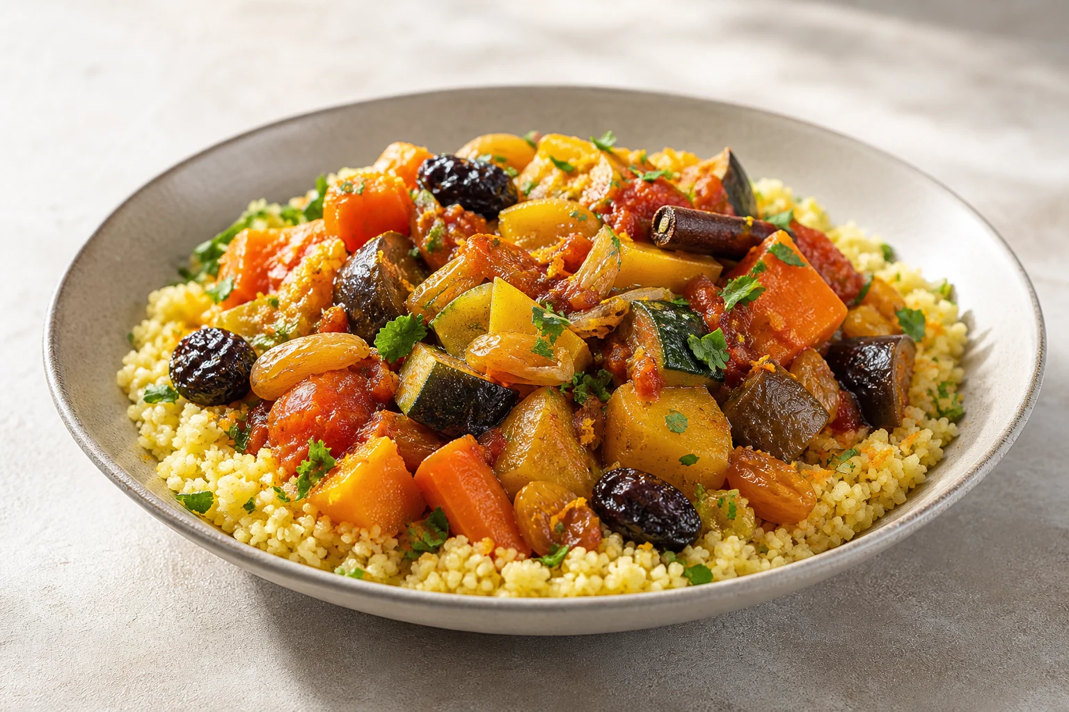 Bunte Gemüse-Tagine mit Trockenfrüchten auf Couscous