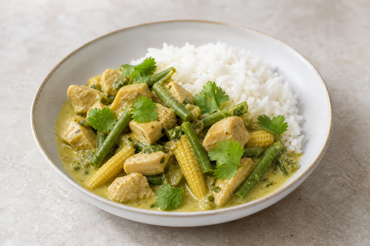 Grünes Curry mit Hähnchen und Gemüse aus dem Wok