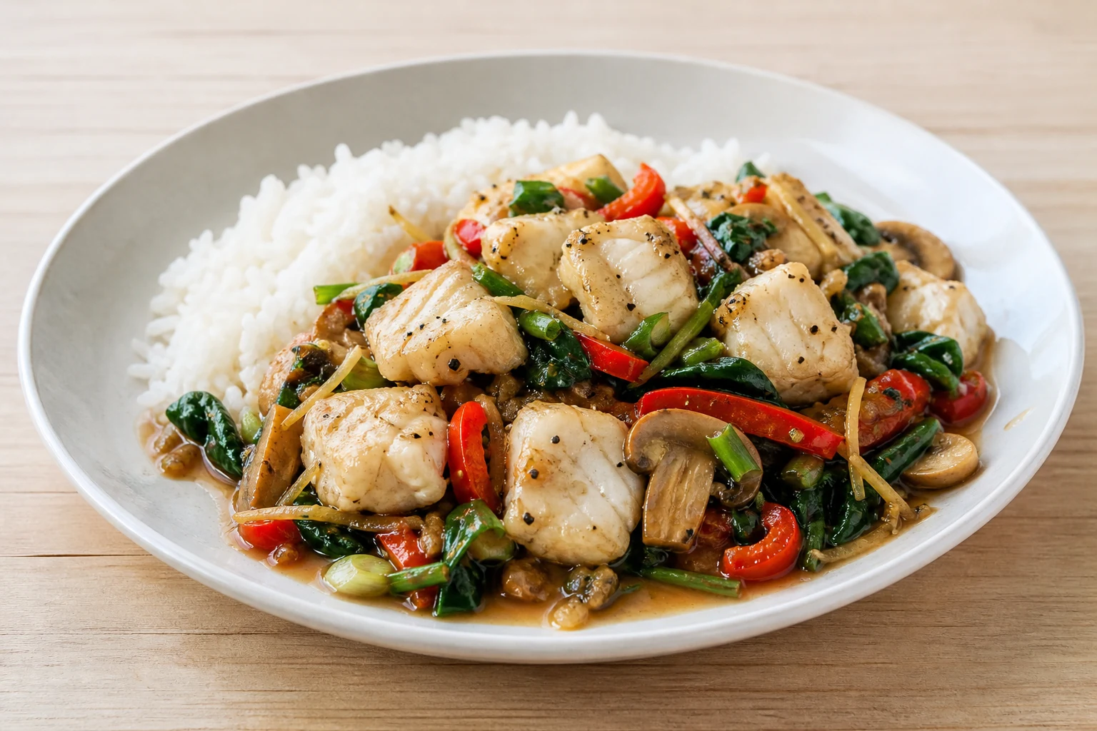 Weißer Fisch mit Gemüse, Ingwer und Pfeffer aus dem Wok