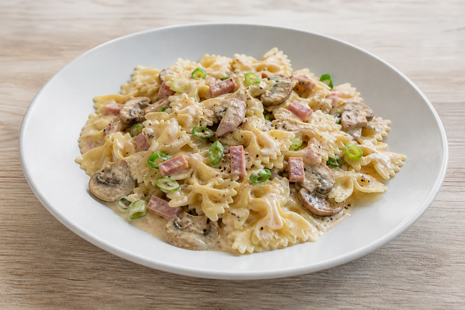 Farfalle mit cremiger Sauce, Champignons und Schinkenstücken
