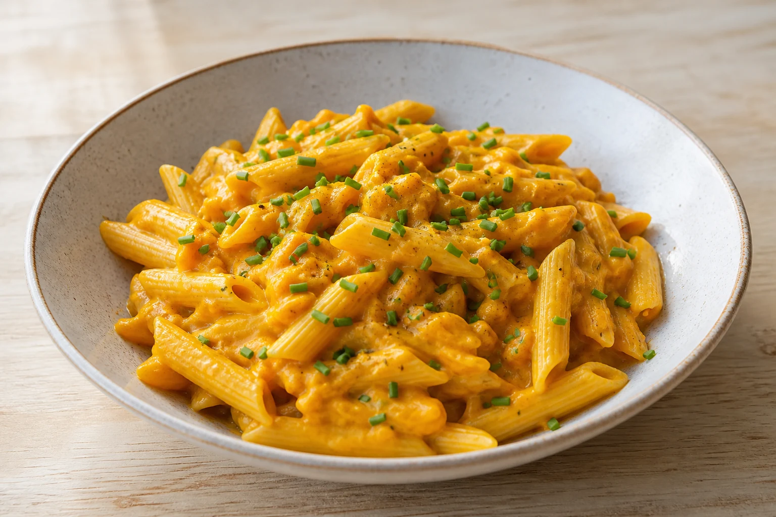 Penne mit oranger, cremiger Kürbissauce und Schnittlauch