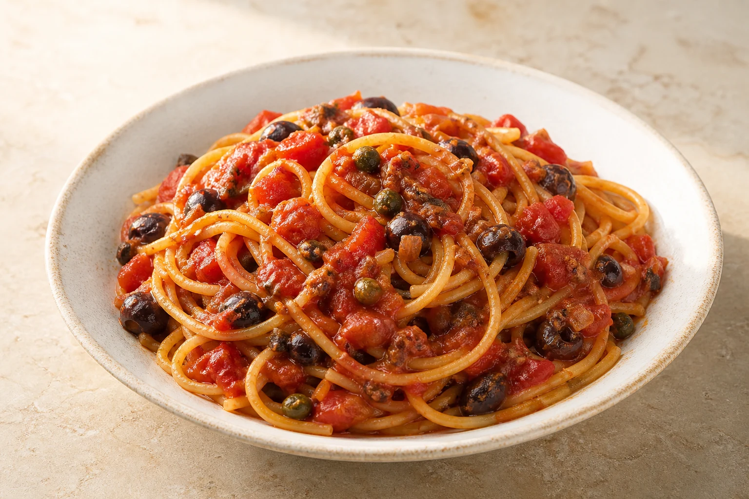 Spaghetti mit dunkelroter Tomatensauce, Oliven und Kapern