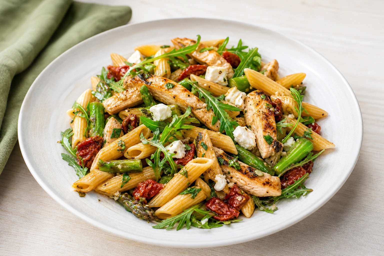 Penne mit Hähnchenstreifen, Rauke, Feta und Tomaten