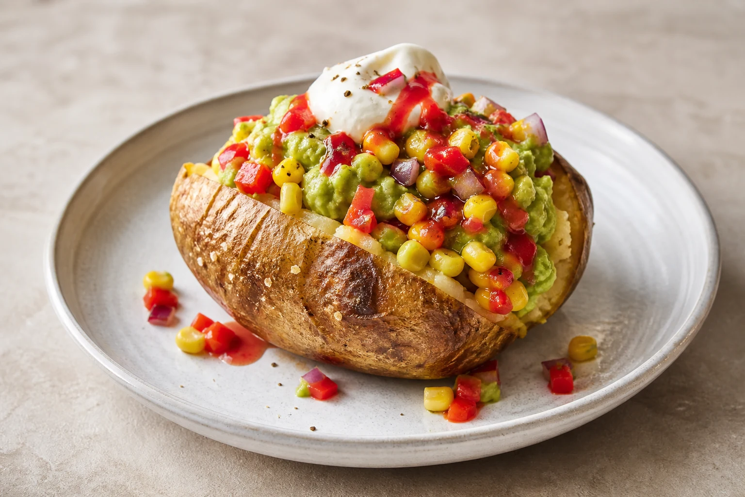 Ofenkartoffel gefüllt mit Avocado, Mais und roter Paprika