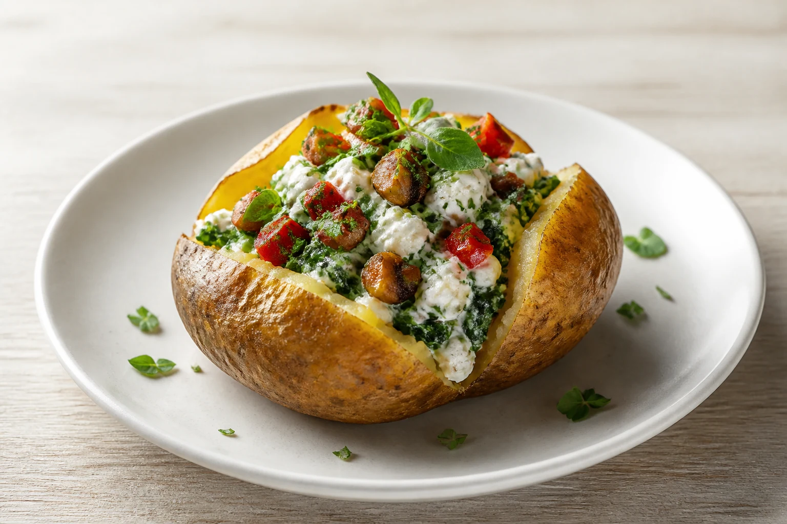 Aufgeschnittene Ofenkartoffel mit Hüttenkäse und frischen Kräutern