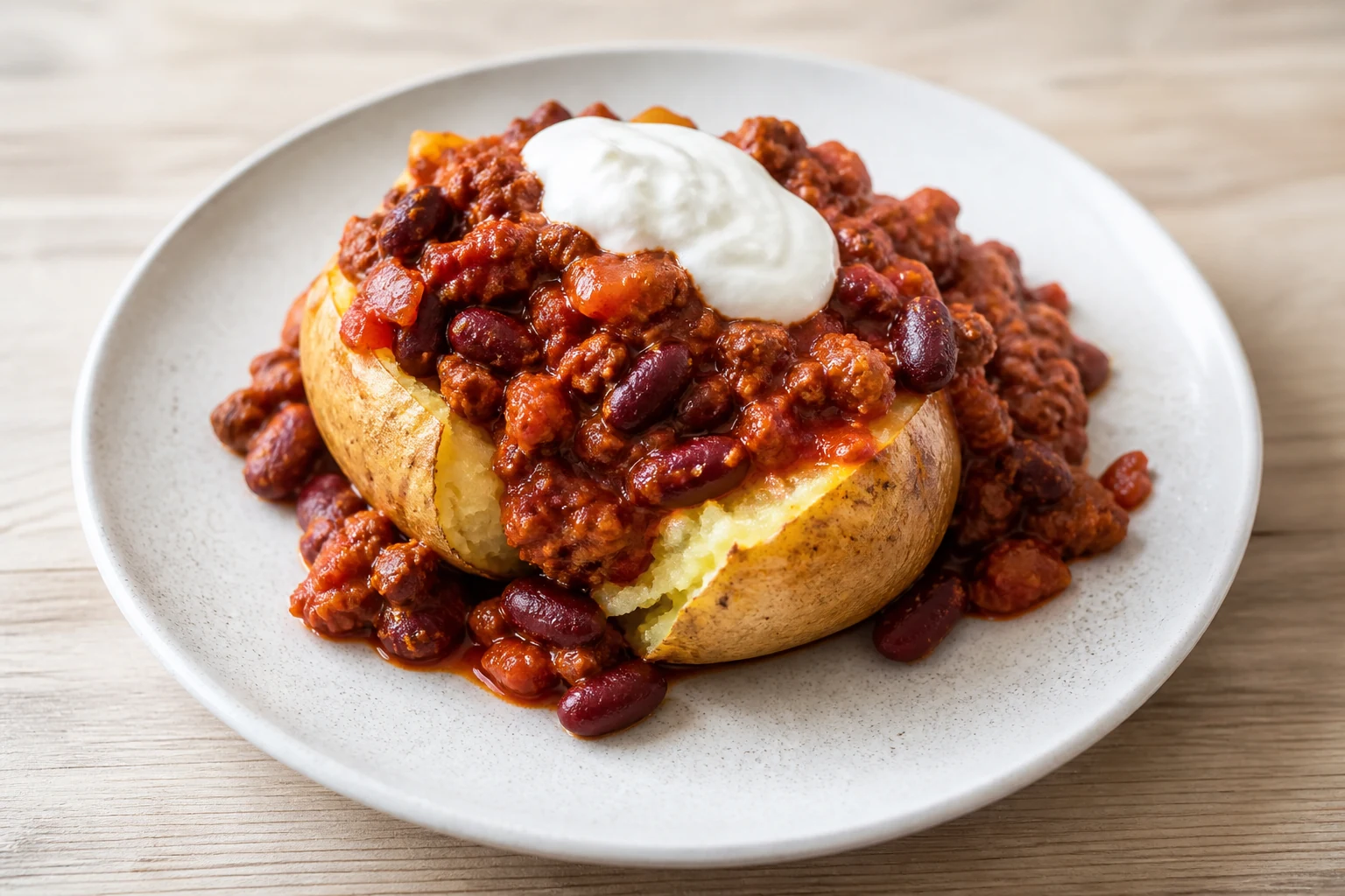 Ofenkartoffel mit Hackfleisch-Bohnen-Sauce und einem Klacks saurer Sahne