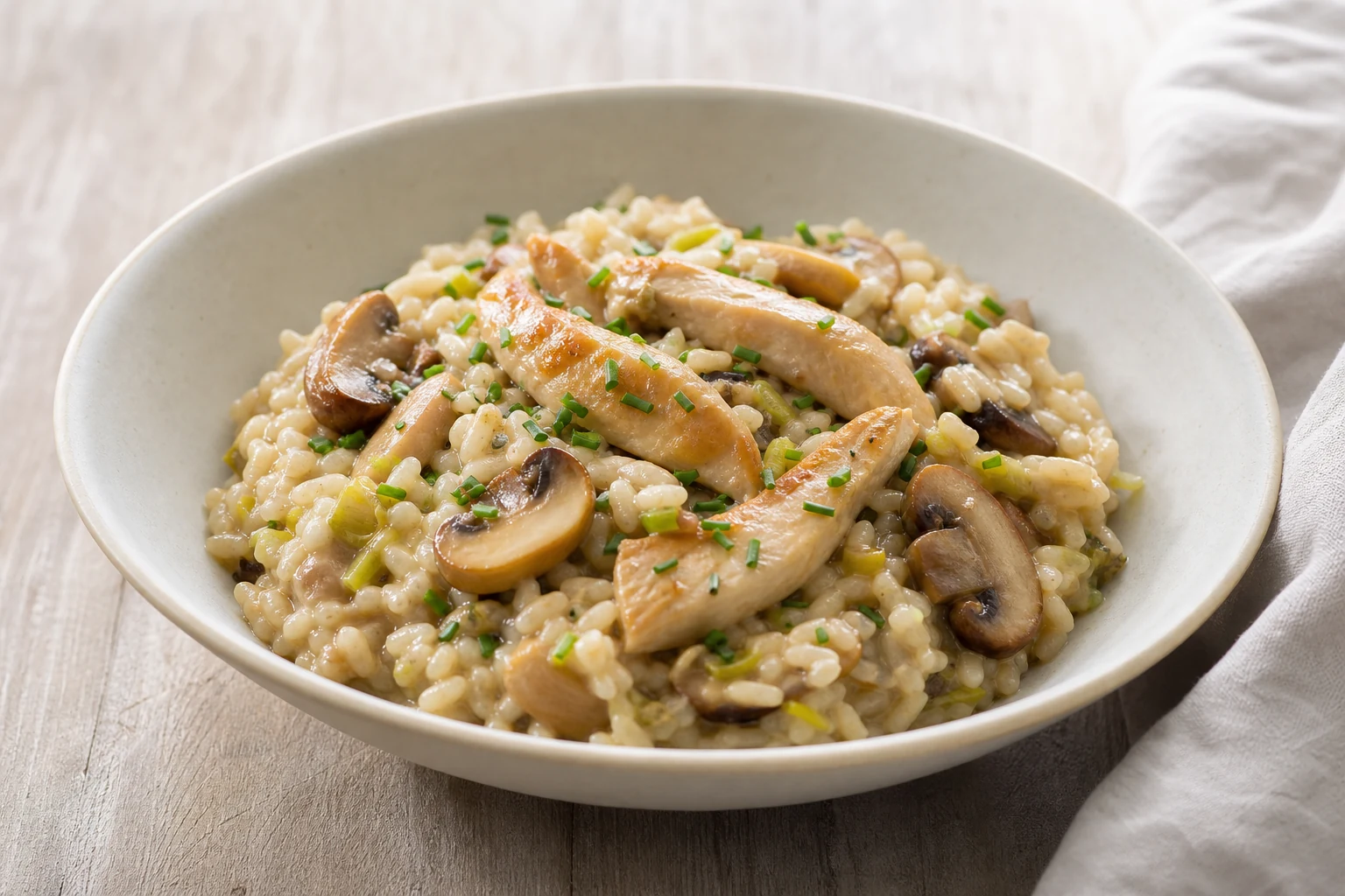 Cremiges Pilz-Risotto mit Hähnchenstreifen und Schnittlauch