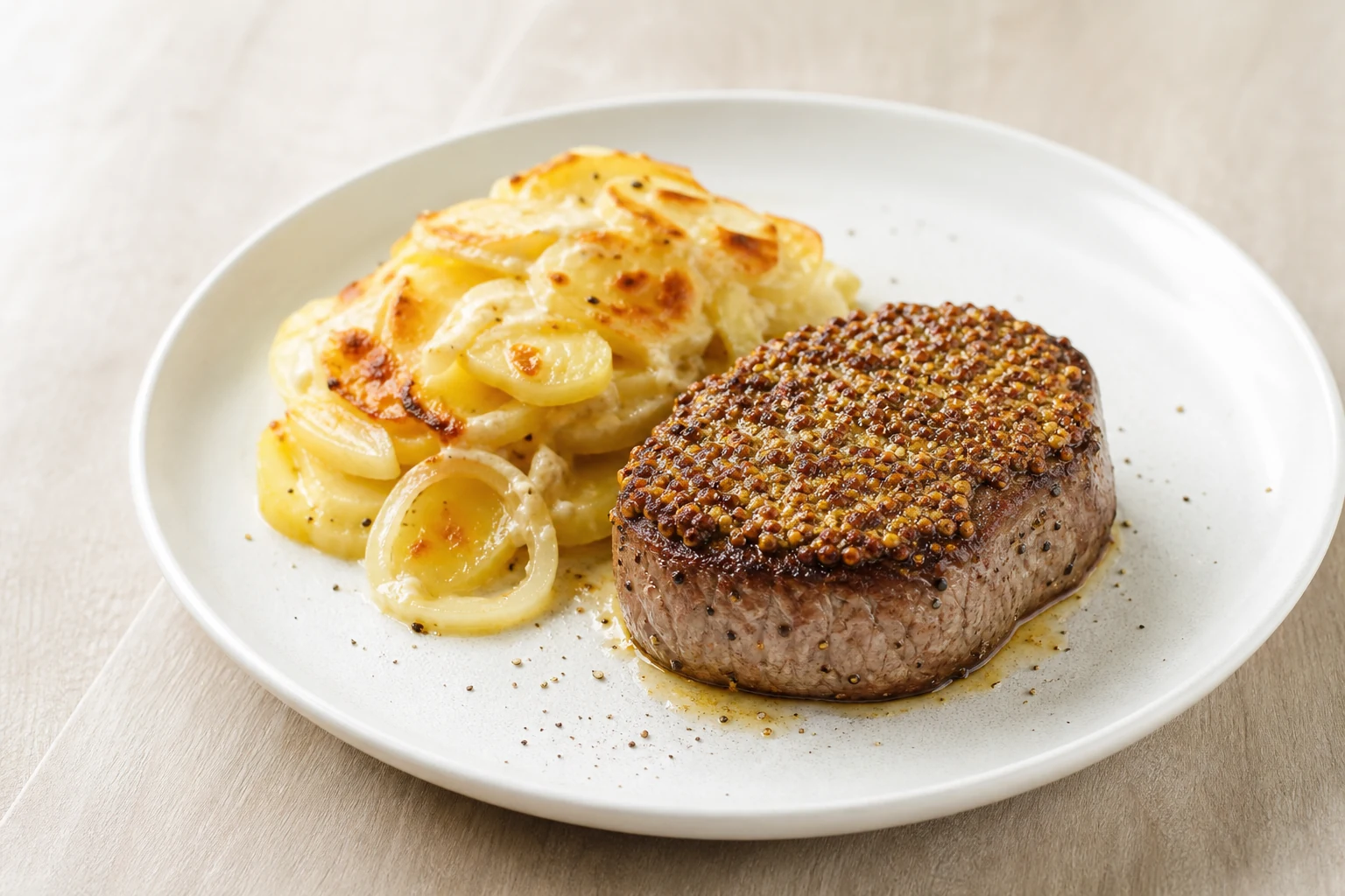 Filetsteak mit Senfkruste neben einem kleinen Kartoffelgratin