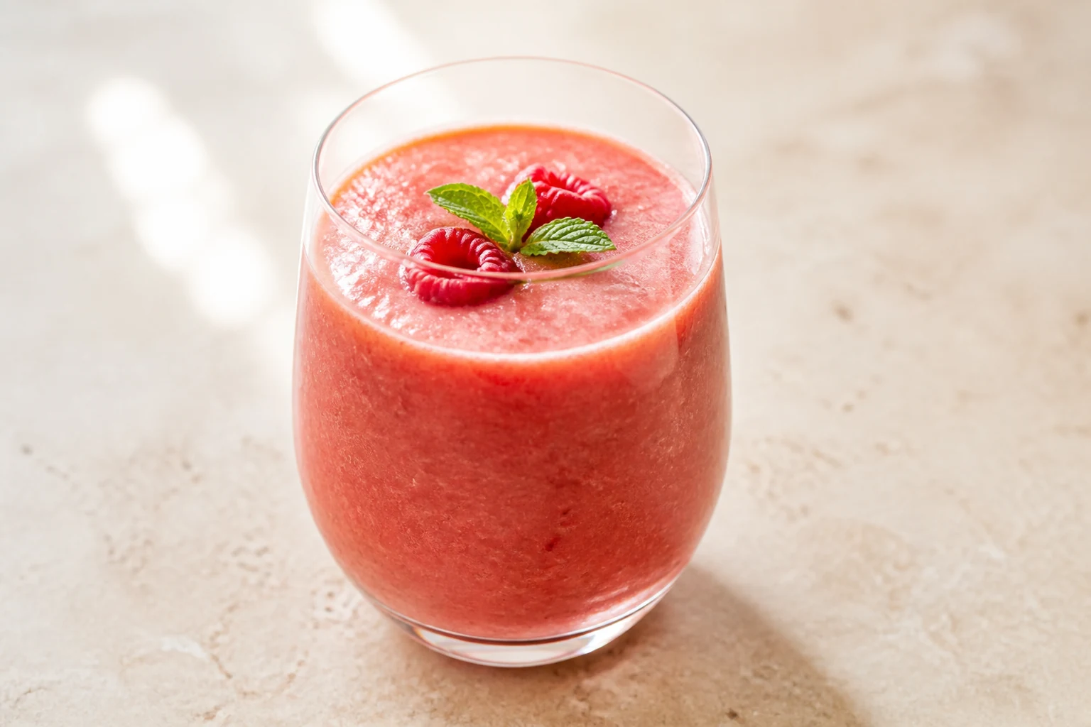 Eisgekühltes Frucht-Frappé mit Himbeeren, Mango und Minzblatt