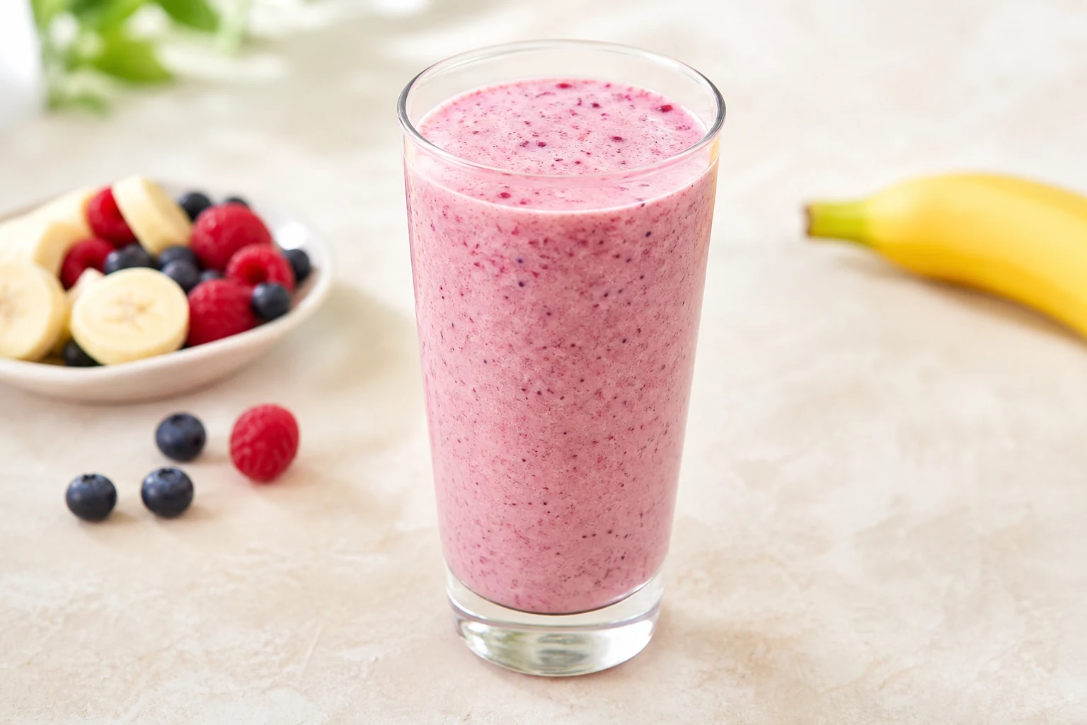 Rosafarbener Joghurtshake mit Banane und Beeren in einem hohen Glas