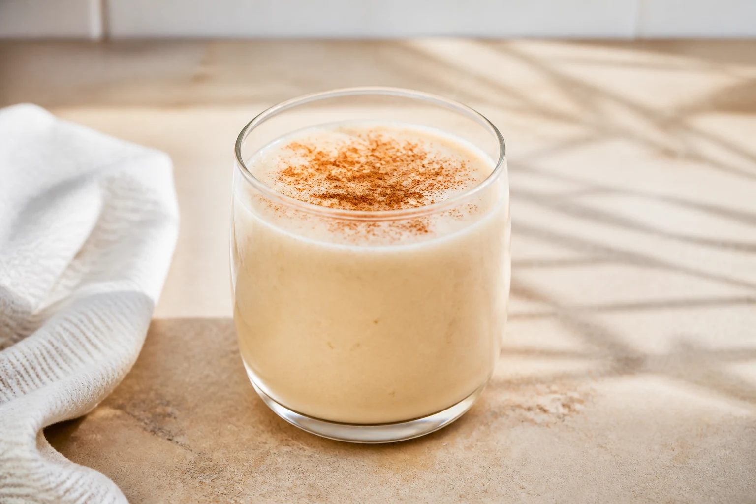 Cremiger heller Eiweißdrink mit Zimt bestäubt im Glas