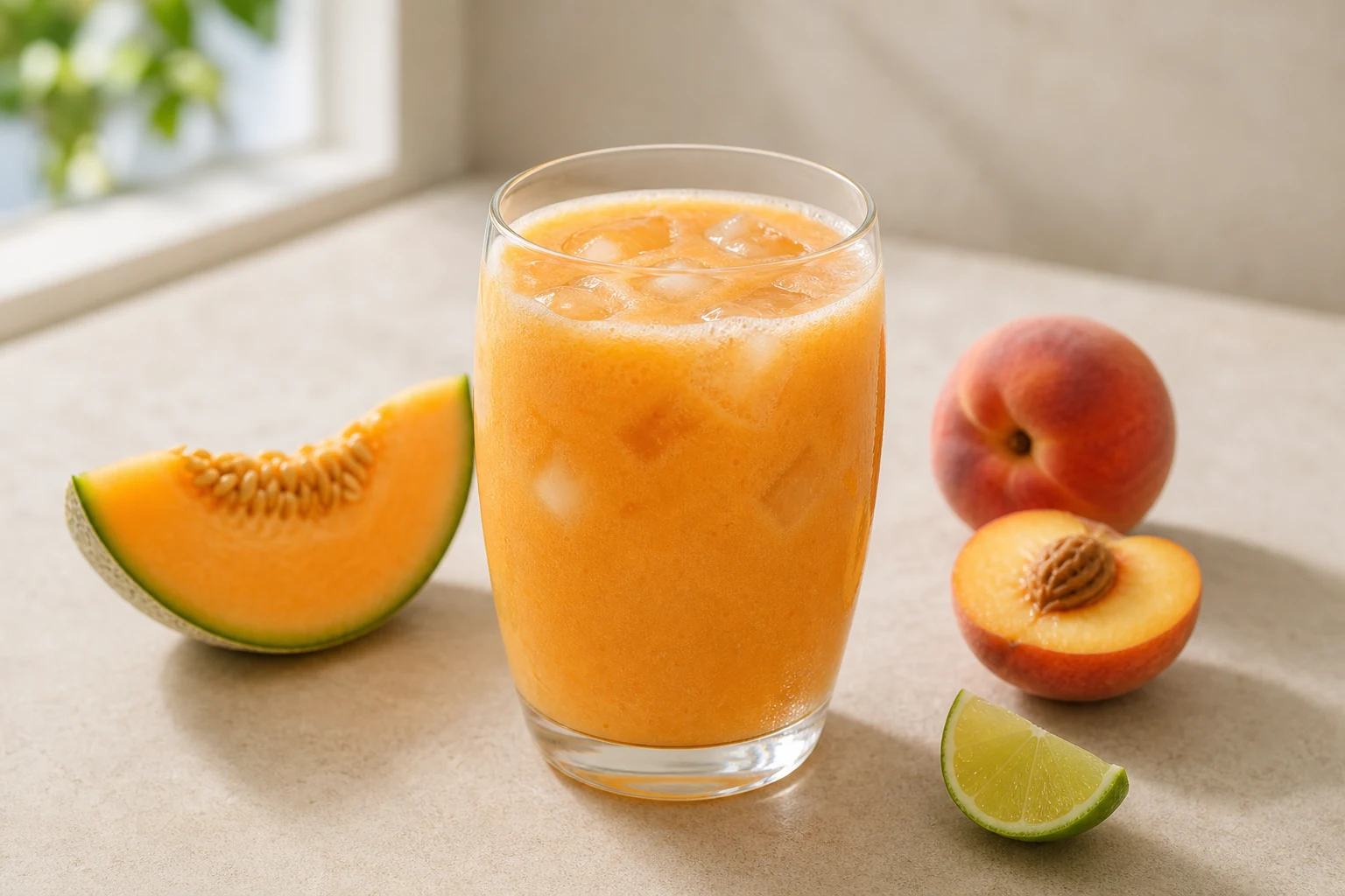 Hellorangefarbener Saft aus Honigmelone und Pfirsich mit Eiswürfeln