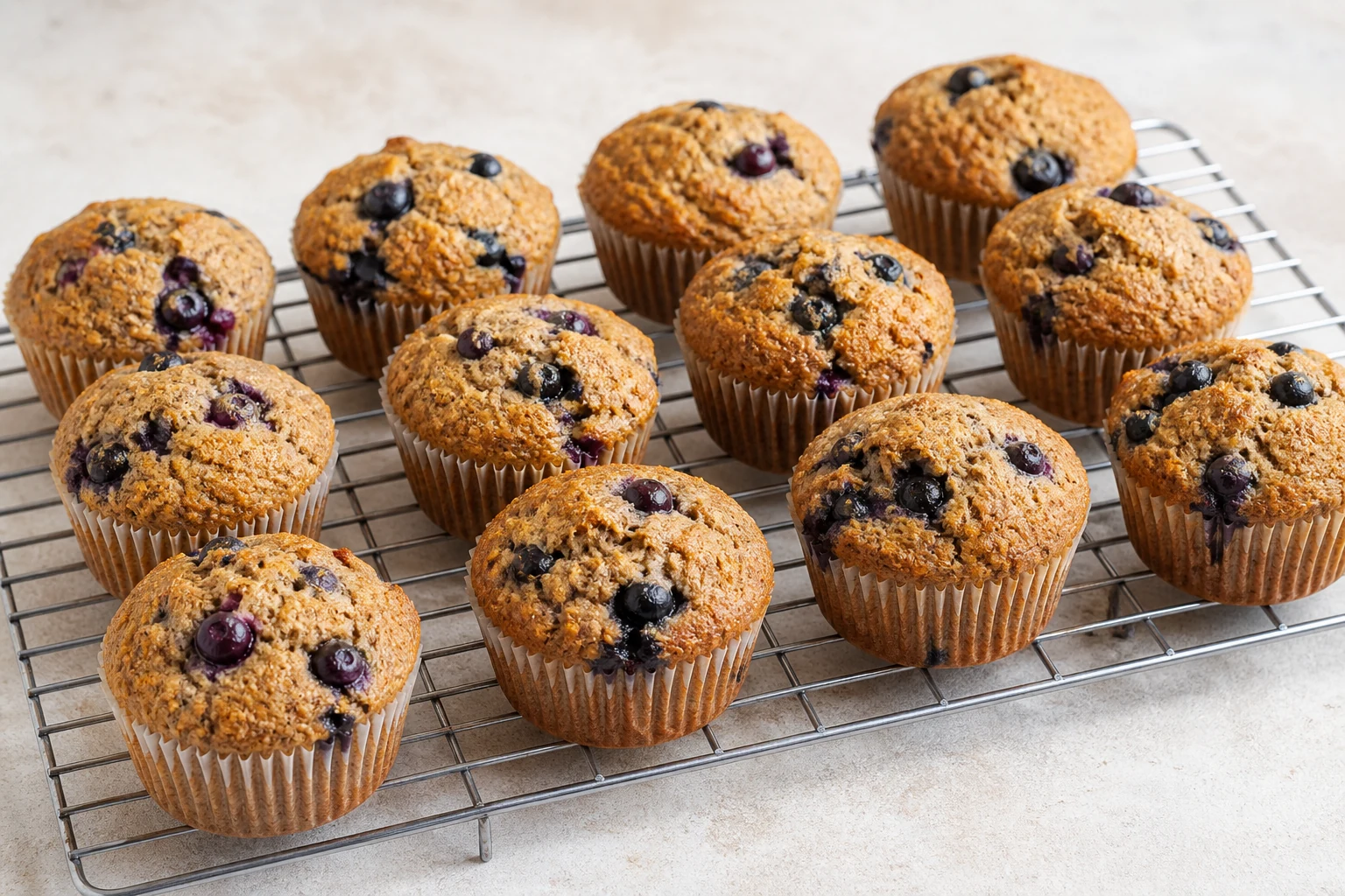 Kleie-Muffins mit Blaubeeren auf einem Gitter