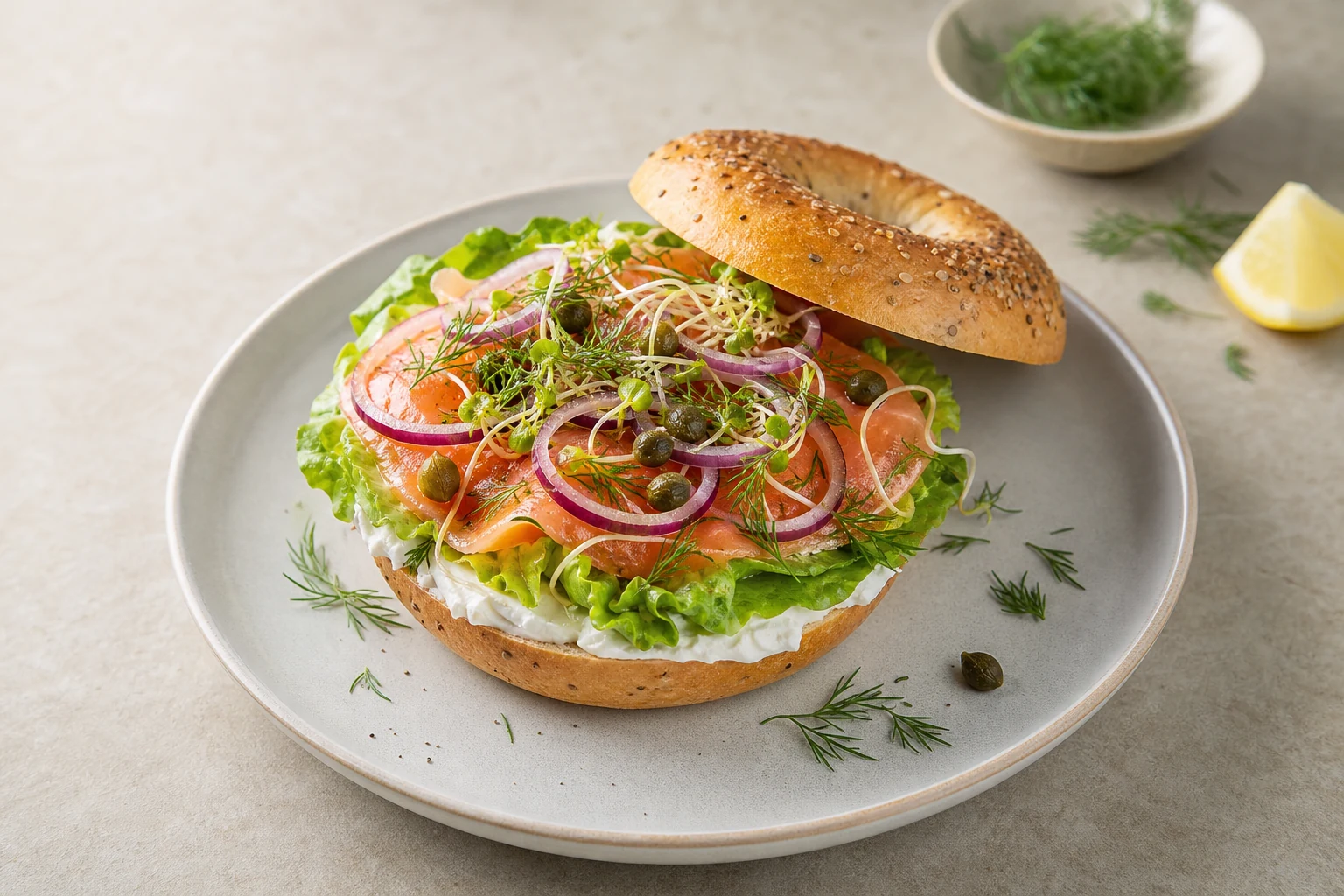 Aufgeschnittener Bagel mit Frischkäse, Räucherlachs, Zwiebelringen und Dill