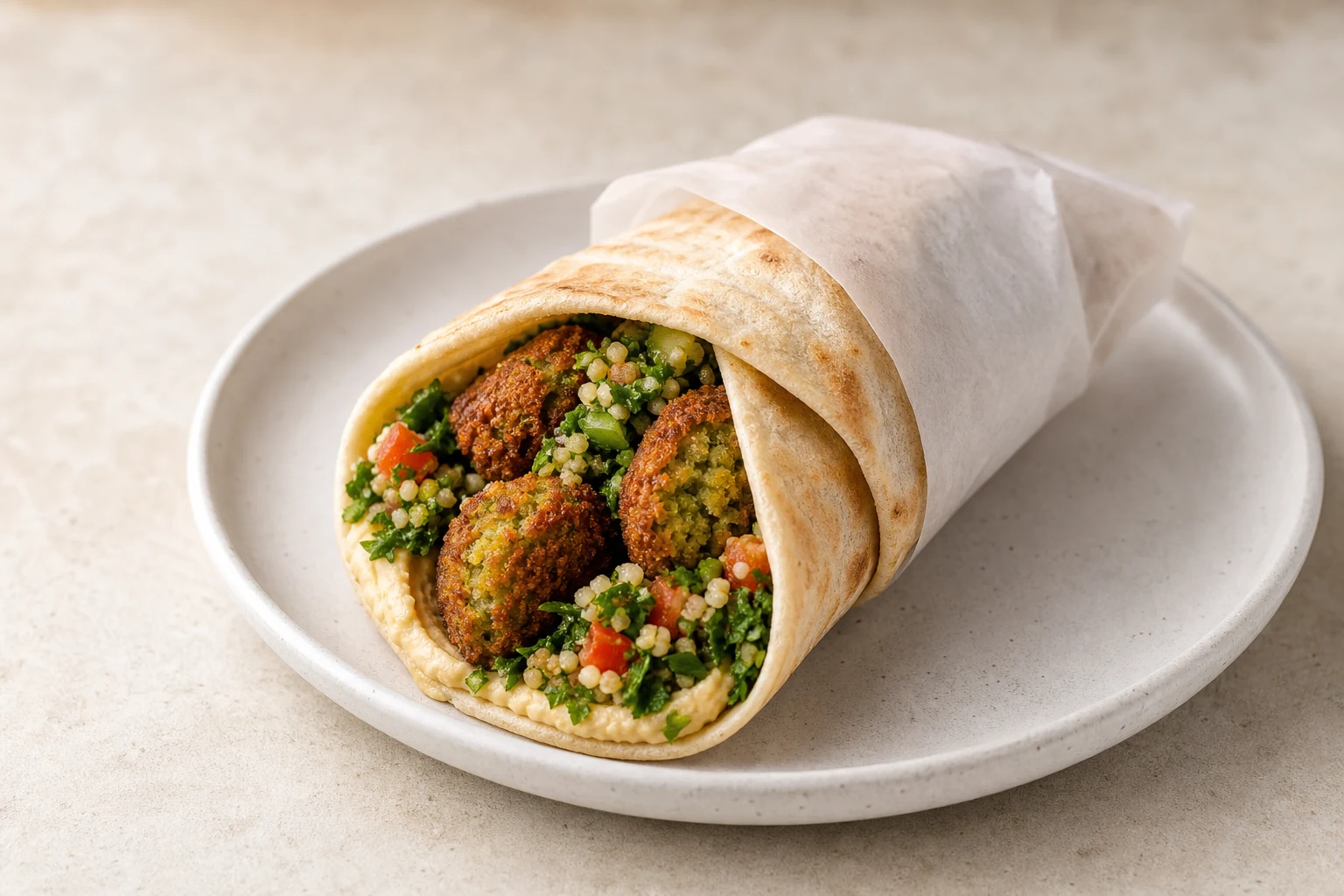 Aufgerollter Falafel-Wrap mit Hummus und Tabouleh im Papier