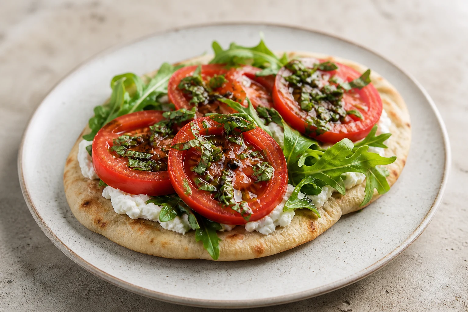 Fladenbrot mit Hüttenkäse, marinierten Tomatenscheiben und Rauke