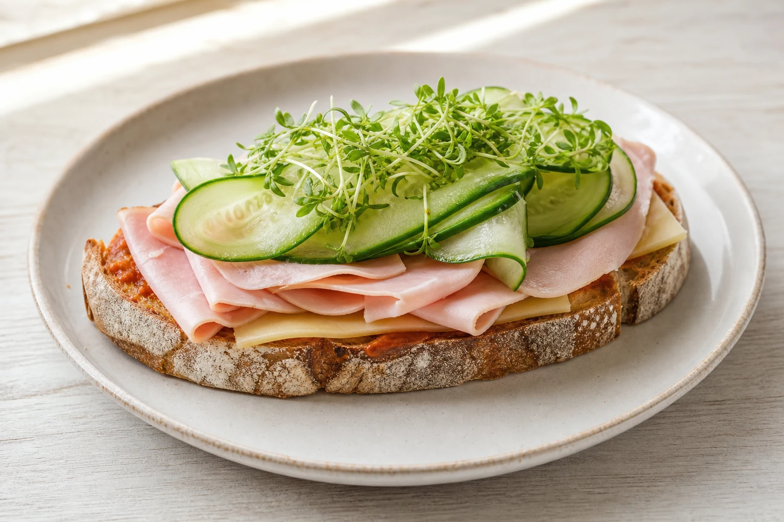 Belegtes Sauerteigbrot mit Käse, magerem Schinken und Gurkenstreifen