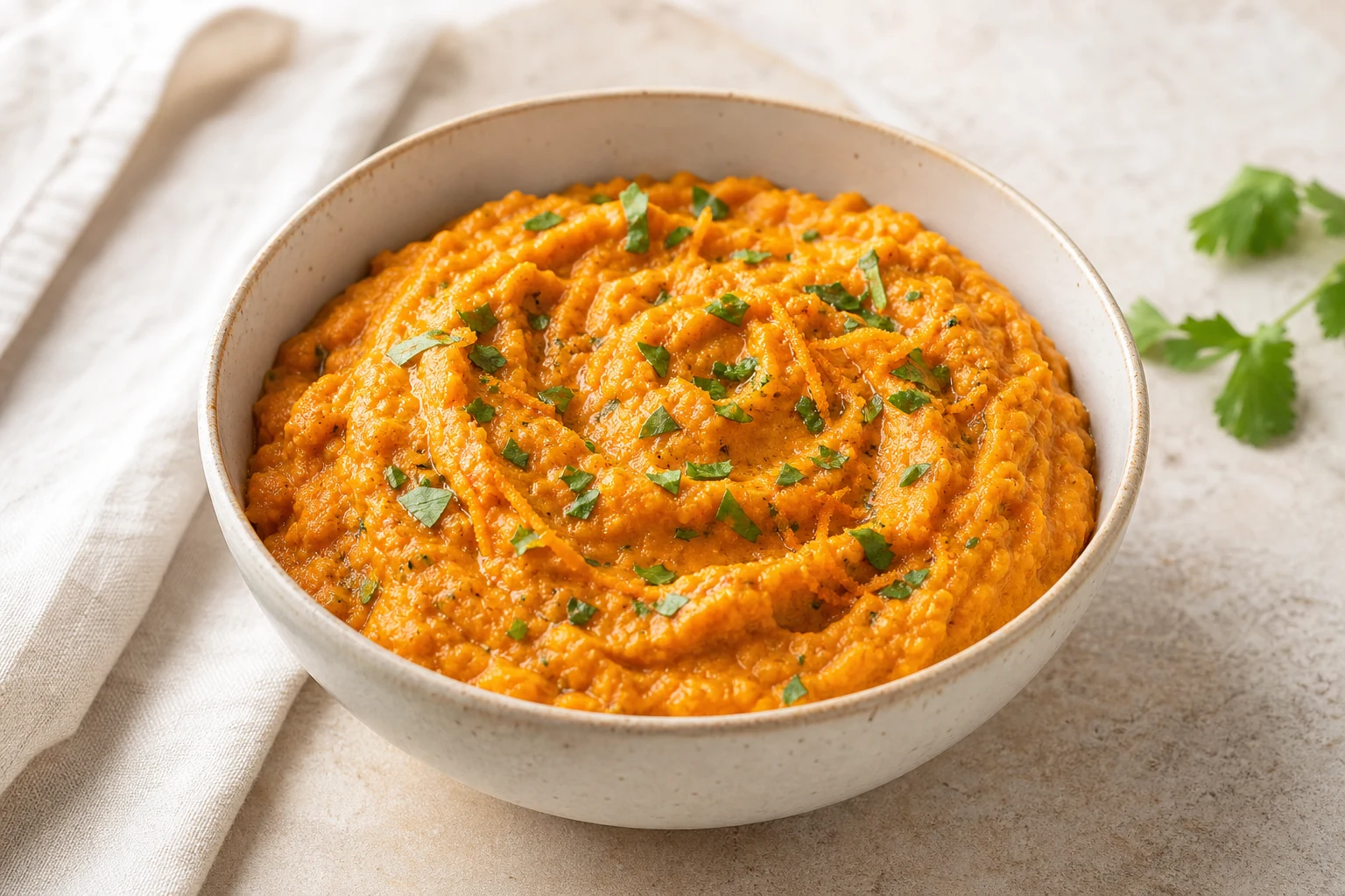 Orangefarbener Dip aus geröstetem Kürbis und Süßkartoffel